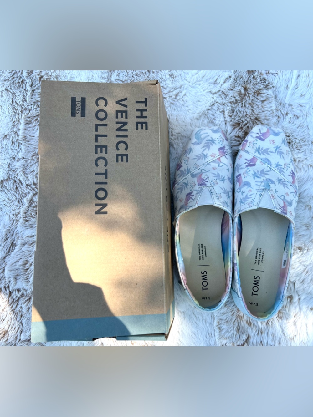 TOMS Women's Pastel Unicorn Canvas Slip-Ons in Light Pink, Blue & Cream